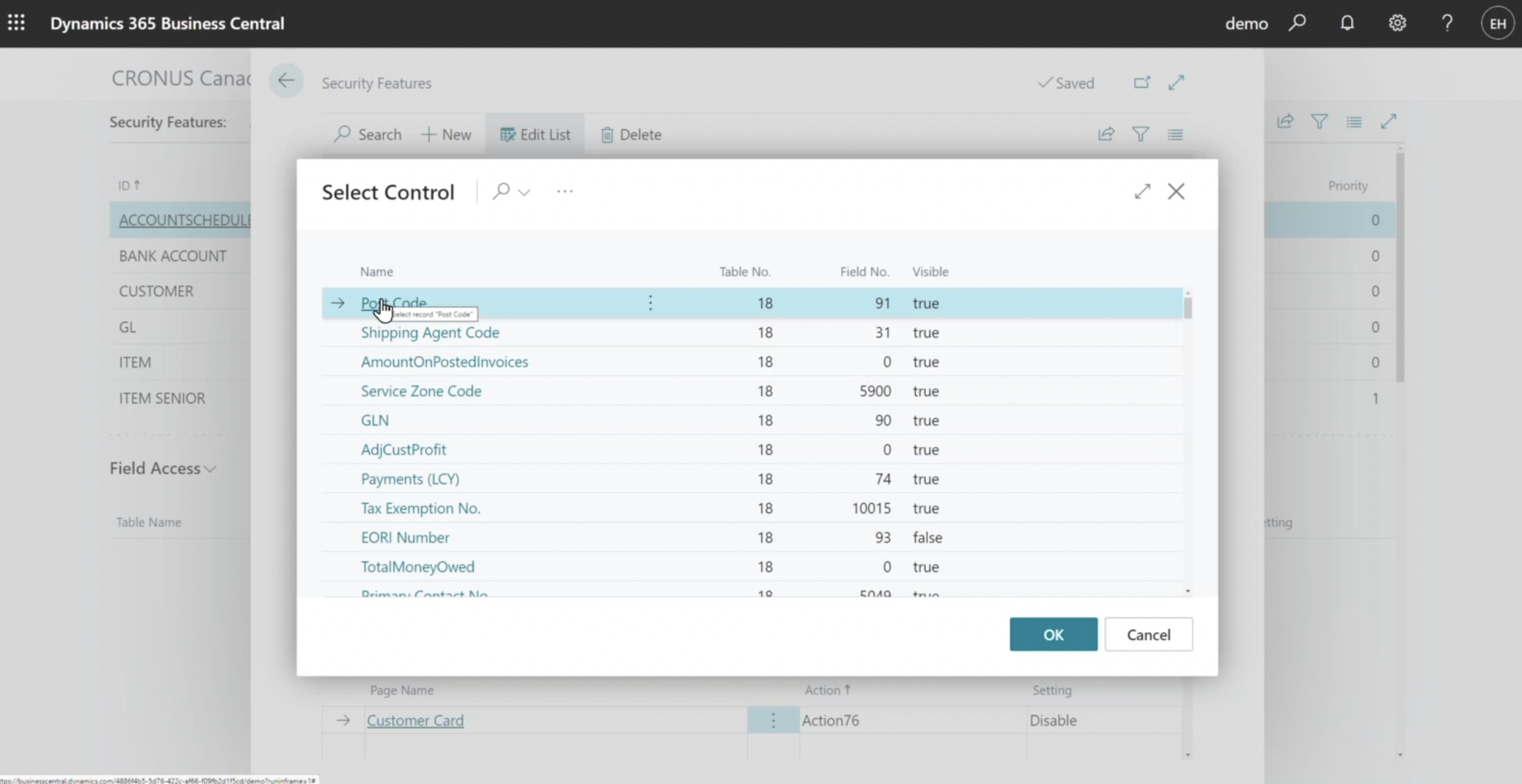 selecting a page control for Dynamics 365 Business Central security features