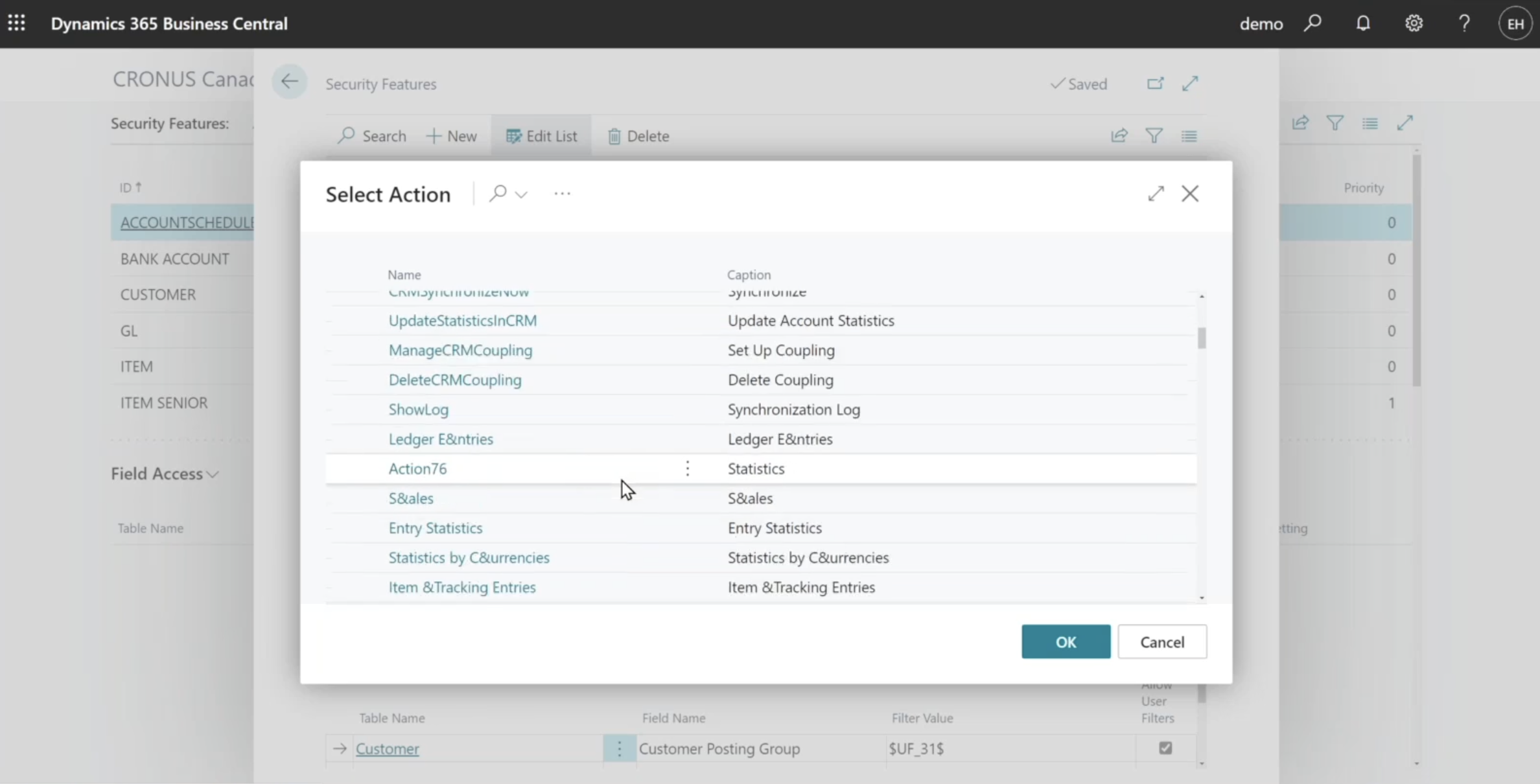 selecting an action in Dynamics 365 Business Central security features
